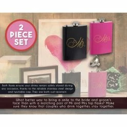 Blue Panda Liquor Flasks - 2-Piece, 8 Oz Mr And Mrs Pocket Drinking Flasks, Stainless Steel Flask Set With Funnel, Wedding Gifts For Bride And Groom, Black And Pink