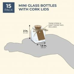 Blue Panda Special Occasions Clear Glass Bottles With Cork Lids- 15-Pack Of Mini Transparent Squared Jars With Stoppers For Vintage Wedding Decoration, DIY, Home, Party Favors, 1.7-Ounce