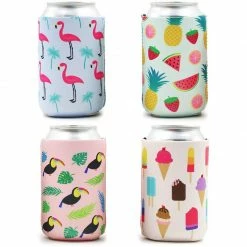 Blue Panda 12-Pack Summer Beer Can Sleeves (Flamingo, Tropical Fruit, Toucan, Ice Cream) Beach And Luau