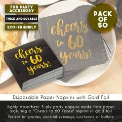 Blue Panda Gold Foil Cheers To 60 Years Black Cocktail Paper Napkins (5 X 5 In, 50 Pack)