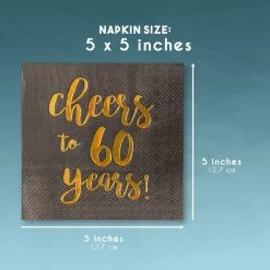 Blue Panda Gold Foil Cheers To 60 Years Black Cocktail Paper Napkins (5 X 5 In, 50 Pack)