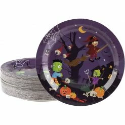 Blue Panda Disposable Plates - 80-Count Paper Plates, Halloween Party Supplies For Appetizer, Lunch, Dinner, And Dessert, Witch And Monsters Design, 9 Inches Diameter