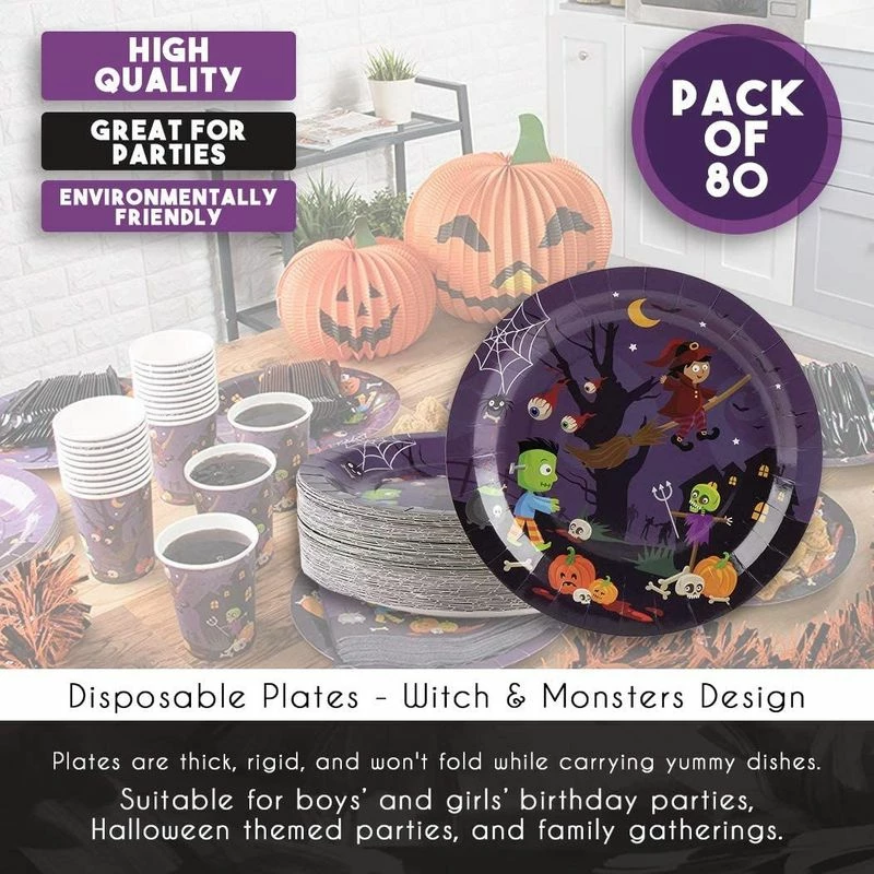 Blue Panda Disposable Plates - 80-Count Paper Plates, Halloween Party Supplies For Appetizer, Lunch, Dinner, And Dessert, Witch And Monsters Design, 9 Inches Diameter 6 Blue Panda Disposable Plates - 80-Count Paper Plates, Halloween Party Supplies For Appetizer, Lunch, Dinner, And Dessert, Witch And Monsters Design, 9 Inches Diameter