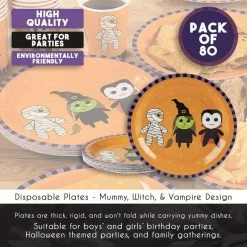 Blue Panda Halloween Party Supplies Paper Plates, Witch, Vampire, Mummy (9 In, 80 Count)