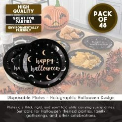 Blue Panda Holographic Happy Halloween Paper Plates For Party (9 In, Black, 48 Pack)