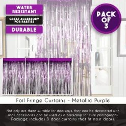 Blue Panda Foil Fringe Curtains - 3-Pack Metallic Purple Foil Curtain, Metallic Tinsel Foil Fringe Curtain For Wedding Photo Backdrop, Birthday Party, Halloween Decoration, Photo-Booth Background, 8 X 3 Feet