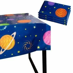 Blue Panda Special Occasions Outer Space Party Tablecloth - 3-Pack Disposable Plastic Rectangular Table Covers - Solar Planet Themed Party Supplies For Kids Birthday Decorations, Solar System Design, 54 X 108 Inches