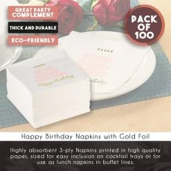 Blue Panda 100 Pack Happy Birthday Napkins, 3-ply Gold Foil Disposable Cocktail Paper Napkins, Folded 5 X 5 Inches, Pink And White Cake Design 12 Blue Panda 100 Pack Happy Birthday Napkins, 3-ply Gold Foil Disposable Cocktail Paper Napkins, Folded 5 X 5 Inches, Pink And White Cake Design