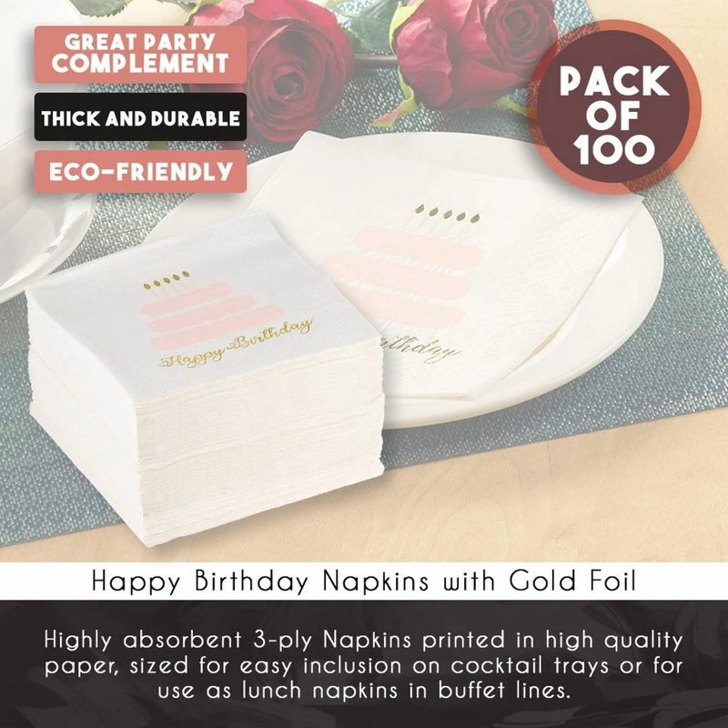Blue Panda 100 Pack Happy Birthday Napkins, 3-ply Gold Foil Disposable Cocktail Paper Napkins, Folded 5 X 5 Inches, Pink And White Cake Design 7 Blue Panda 100 Pack Happy Birthday Napkins, 3-ply Gold Foil Disposable Cocktail Paper Napkins, Folded 5 X 5 Inches, Pink And White Cake Design