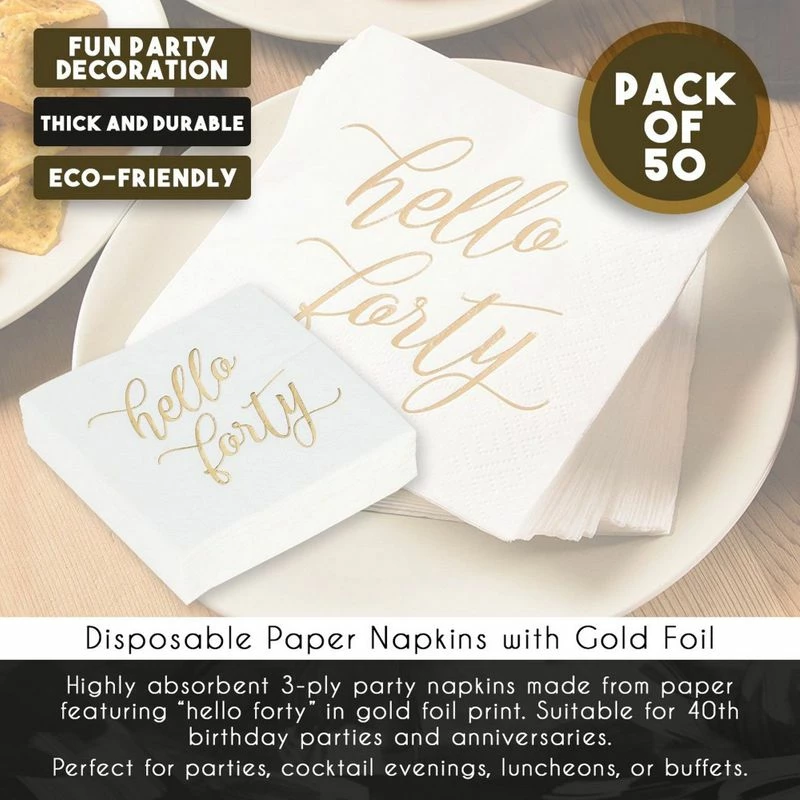 Blue Panda Hello Forty Birthday Napkins With Gold Foil Details (5 X 5 In, White, 50 Pack) 6 Blue Panda Hello Forty Birthday Napkins With Gold Foil Details (5 X 5 In, White, 50 Pack)