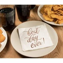 Blue Panda White Paper Napkins For Weddings, Best Day Ever (5 In, Rose Gold Foil, 50 Pack)