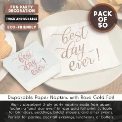 Blue Panda White Paper Napkins For Weddings, Best Day Ever (5 In, Rose Gold Foil, 50 Pack)