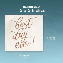 Blue Panda White Paper Napkins For Weddings, Best Day Ever (5 In, Rose Gold Foil, 50 Pack)