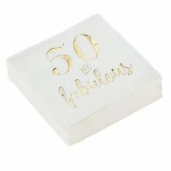 Blue Panda 50 And Fabulous Party Supplies, White Paper Napkins (5 X 5 In, Gold Foil, 50 Pack)