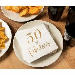 Blue Panda 50 And Fabulous Party Supplies, White Paper Napkins (5 X 5 In, Gold Foil, 50 Pack)