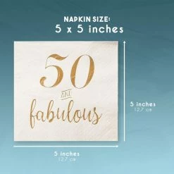Blue Panda 50 And Fabulous Party Supplies, White Paper Napkins (5 X 5 In, Gold Foil, 50 Pack)