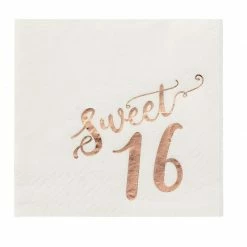 Blue Panda Sweet 16 Napkins With Rose Gold Foil Details (5 X 5 In, White, 50 Pack)