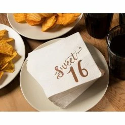 Blue Panda Sweet 16 Napkins With Rose Gold Foil Details (5 X 5 In, White, 50 Pack)