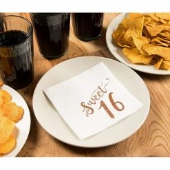 Blue Panda Sweet 16 Napkins With Rose Gold Foil Details (5 X 5 In, White, 50 Pack)