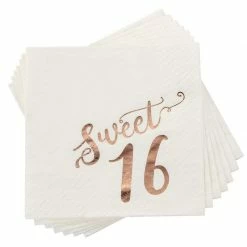 Blue Panda Sweet 16 Napkins With Rose Gold Foil Details (5 X 5 In, White, 50 Pack)