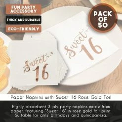 Blue Panda Sweet 16 Napkins With Rose Gold Foil Details (5 X 5 In, White, 50 Pack)