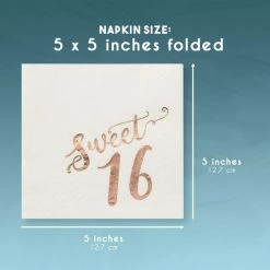 Blue Panda Sweet 16 Napkins With Rose Gold Foil Details (5 X 5 In, White, 50 Pack)
