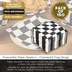 Blue Panda Checkered Flag Paper Napkins For Race Car Birthday Party (6.5 X 6.5 In, 150 Pack)