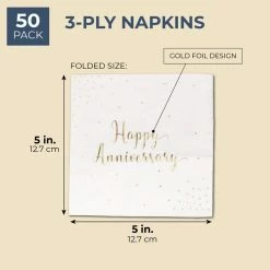 Blue Panda 50-Pack Cocktail Napkins - Happy Anniversary Printed In Gold Foil Confetti - Disposable Paper Party Napkins - Perfect For Anniversary Celebrations - 5 X 5 Inches Folded