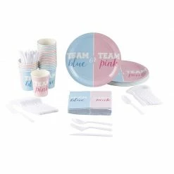 Blue Panda Team Boy, Team Girl Gender Reveal Party Bundle, Includes Plates, Napkins, Cups, And Cutlery (24 Guests,144 Pieces)