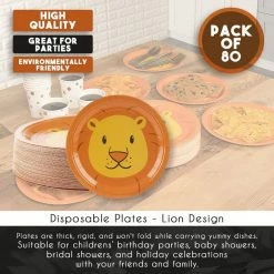 Blue Panda Disposable Plates - 80-Count Paper Plates, Lion Party Supplies For Appetizer, Lunch, Dinner, And Dessert, Kids Birthdays, 9 X 9 Inches