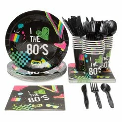Blue Panda 80's Party Bundle, Includes Plates, Napkins, Cups, And Cutlery (24 Guests,144 Pieces) Special Occasions