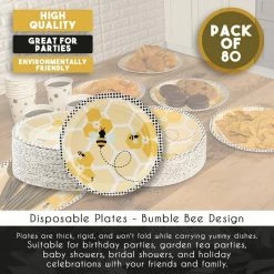 Blue Panda Disposable Plates - 80-Count Paper Plates, Bumble Bee Party Supplies For Appetizer, Lunch, Dinner, And Dessert, Kids Birthdays, 9 X 9 Inches Special Occasions