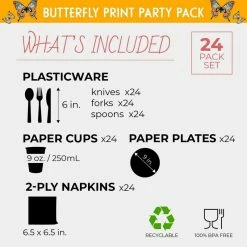 Blue Panda Special Occasions Butterfly Party Supplies – Serves 24 – Includes Plates, Knives, Spoons, Forks, Cups And Napkins. Perfect Birthday Party Pack For Girls Themed Parties, Butterfly Pattern