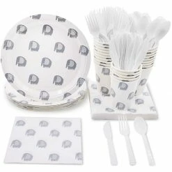 Blue Panda Elephant Baby Shower Party Bundle, Plates, Napkins, Cups & Cutlery (24 Guests,144 Pieces)