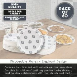 Blue Panda Disposable Plates - 80-Count Paper Plates, Elephant Party Supplies For Appetizer, Lunch, Dinner, And Dessert, Baby Shower, 9 X 9 Inches