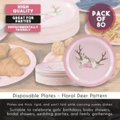 Blue Panda Disposable Plates - 80-Count Paper Plates, Bridal And Baby Shower Party Supplies For Appetizer, Lunch, Dinner, And Dessert, Floral Deer Pattern, 9 X 9 Inches