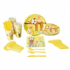 Blue Panda Springtime Sloth Party Bundle, Includes Plates, Napkins, Cups, And Cutlery (24 Guests,144 Pieces)
