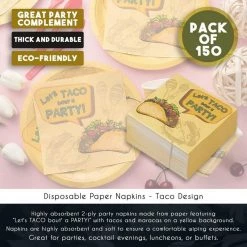 Blue Panda Cocktail Napkins - 150-Pack Luncheon Napkins, Disposable Paper Napkins Fiesta Party Supplies, 2-Ply, Taco Design, Unfolded 13 X 13 Inches, Folded 6.5 X 6.5 Inches