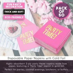 Blue Panda Hot Pink Paper Napkins, Party Time Party Supplies (5 X 5 In, Gold Foil, 50 Pack)