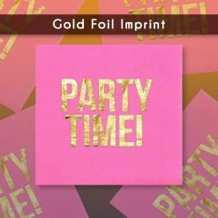 Blue Panda Hot Pink Paper Napkins, Party Time Party Supplies (5 X 5 In, Gold Foil, 50 Pack)
