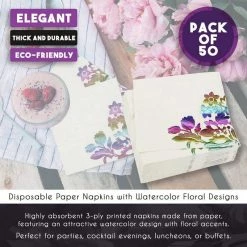 Blue Panda Rainbow Foil Floral Paper Napkins For Birthday Party (6 X 6 In, 50 Pack)