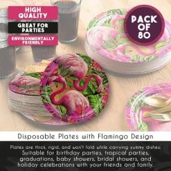 Blue Panda Disposable Plates - 80-Count Paper Plates, Tropical Party Supplies For Appetizer, Lunch, Dinner, And Dessert, Birthdays, Pink Flamingo Design, 9 X 9 Inches Special Occasions