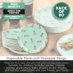 Blue Panda Disposable Plates - 80-Count Paper Plates, Pineapple Party Supplies For Appetizer, Lunch, Dinner, And Dessert, Kids Birthdays, 9 X 9 Inches