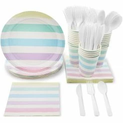 Blue Panda Rainbow Party Supplies, Paper Plates, Napkins, Cups And Plastic Cutlery (Serves 24, 144 Pieces) Dinnerware Sets