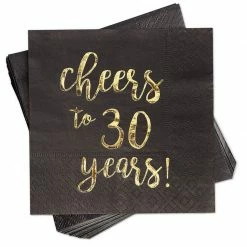 Blue Panda Gold Foil Cheers To 30 Years Black Cocktail Paper Napkins (5 X 5 In, 50 Pack)