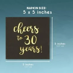 Blue Panda Gold Foil Cheers To 30 Years Black Cocktail Paper Napkins (5 X 5 In, 50 Pack)