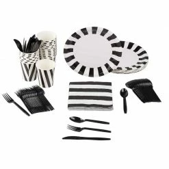 Blue Panda Black And White Party Bundle, Includes Plates, Napkins, Cups, And Cutlery (24 Guests,144 Pieces)