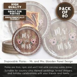 Blue Panda Disposable Plates - 80-Count Paper Plates, Wedding Party Supplies For Appetizer, Lunch, Dinner, And Dessert, Mr. And Mrs. Rustic Wedding Theme Design, 9 Inches In Diameter