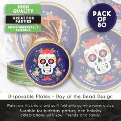 Blue Panda Day Of The Dead Party Supplies Dia De Los Muertos Skull Plates (9 In, 80 Pack)