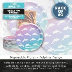 Blue Panda Special Occasions Disposable Plates - 80-Count Paper Plates, Dolphin Party Supplies For Appetizer, Lunch, Dinner, And Dessert, Kids Birthdays, 9 Inches In Diameter